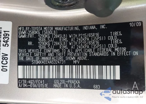 2010 Toyota Sienna Le из США, поврежденный, VIN 5TDKK4CC4AS324731